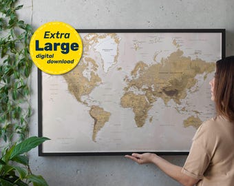 Beige Terrain Map of the World. Natural color World Map. High-Resolution Vintage Map Print. Digital Download, svg, jpg, png, and pdf version