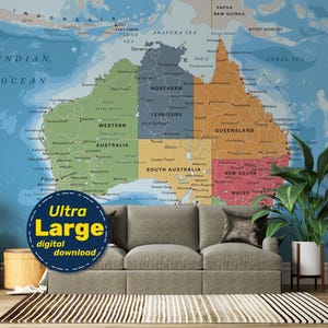 Mapa político de Australia. Póster grande imprimible a todo color con el mapa de Australia, países, ciudades y capitales. Descarga en formato jpg, png, svg y pdf.