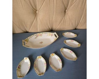 Antique Hand Painted Nippon Serving Set 1890 Floral Porcelain Dish with 6 Plates