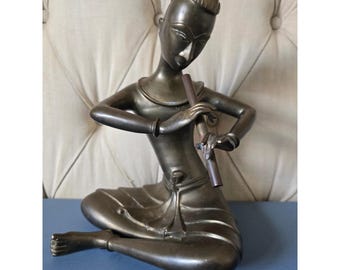 Vintage Brass Musician Figurine Flute Player Sculpture Mid Century Modern 11.8"