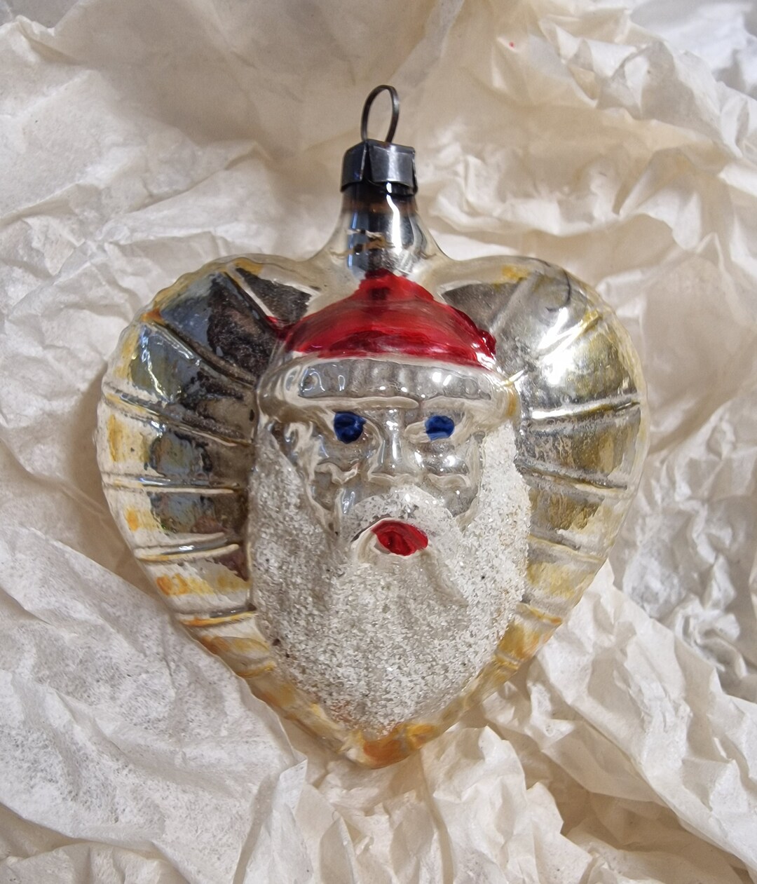 West german antique glass santa on a heart christmas ornament etsy