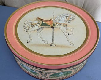 Vintage 1991 Carousel Horse Round Tin Biscuit Cookie Box Pink Decorative Storage