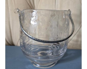 Vintage Depression Style Etched Floral Glass Ice Bucket With Metal Handle