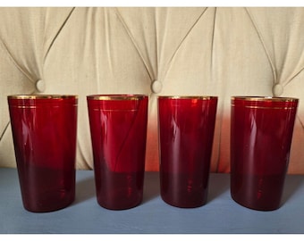 Vintage Ruby Red Tumblers Gold Rim Set of 4 Mid Century Style