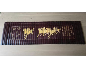 Vintage Asian Bamboo Table Runner  Hand-Carved Style, Feng Shui Prosperity Decor