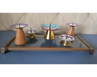 Mid Century Austrian Enamel Candle Holders Set 5 Tray Handmade Vintage Steinbock