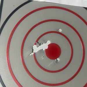May include: A target with concentric red rings and a red center. Several bullet holes are visible, with a large tear near the center. The target is on a gray surface with black and white borders.