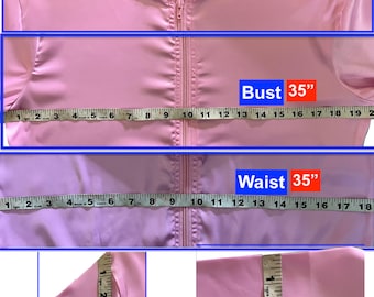 May include: A light pink jacket with a zipper closure. The jacket measurements are displayed, including a 14-inch shoulder, 35-inch bust, 35-inch waist, 16-inch around armpit, and 10.5-inch elbow. The size is 8.