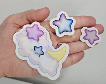Cute Cloud Vinyl Sticker, Kawaii Moon and Stars, Celestial Holographic Decals, Water-resistant, Aesthetic Pastel Rainbow