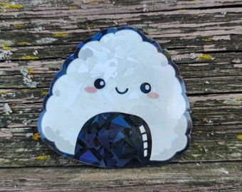 Kawaii Onigiri Sticker, Japanese Food Sticker, Holographic, Weatherproof, Aesthetic Laptop Sticker, Cute Stationery, Gift for Kids