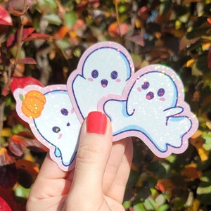 Ensemble d'autocollants mignons fantômes, décalcomanies holographiques kawaii, vinyle résistant aux intempéries, cadeau d'Halloween, citrouille orange, blanc, bleu, rose