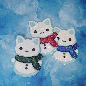 Sticker bonhomme de neige chat, holographique résistant aux intempéries, hiver givré minou, jolie papeterie de Noël, bas de Noël des fêtes, sticker bouteille d'eau