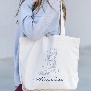Western Cowgirl Bachelorette Tote Bags, Custom Bridal Shower Gift, Personalized Name Howdy Tote, Nashville Bachelorette Favors, Cowboy Boots