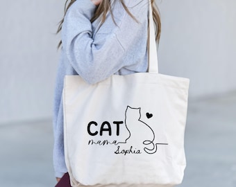 Aangepaste draagtas kat moeder, tas kitty moeder, aangepaste naam tas moeder kat, cadeau voor katteneigenaar, verjaardagscadeau, cadeau kattenliefhebbers, herbruikbare handtas