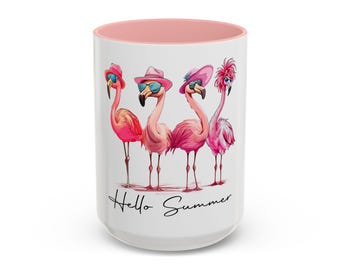Hello Summer Flamingo Coffee Mug, Fun Gift for Beach Lovers, Summer Decor, Cute Mug for Friends, Vacation Coffee Cup, Tropical Vibes