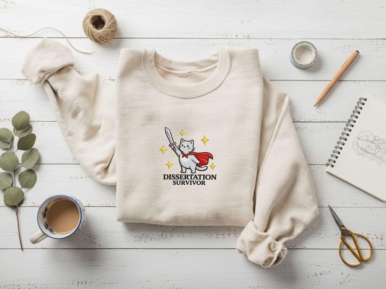 May include: Cream-colored sweatshirt with a cartoon cat wearing a red cape and holding a sword. The text "DISSERTATION SURVIVOR" is below the cat. The sweatshirt is on a white wooden surface with a cup of coffee, a pencil, and other stationery.