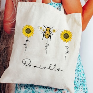 Personalized Name Bee Tote Bag, Faith hope love Bag, Gifts for Women, Housewarming Gift, Christmas Gift, Bee Gift, custom Bee Lover Gifts