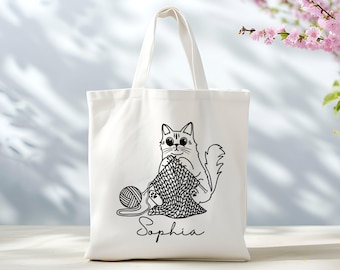 Sacola de gato de crochê personalizada, bolsa de amante de crochê, presente para crocheteiras, presente de dia das mães, bolsa de gato de crochê, sacolas de crochê engraçadas