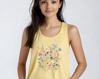 Gepresste Blumen Tank Top, Komfort Farben Tank, Boho Blume Cottagecore Shirt, Botanische Garten Blume Geschenk für sie, Wildblumen Tshirt, Geschenk