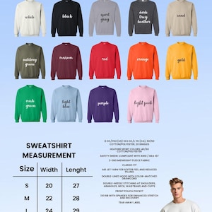 Pu&ograve; includere: Vengono presentate diverse felpe in vari colori, tra cui bianco, nero e rosso. L'immagine include una tabella delle taglie con misure in cm per larghezza e lunghezza, dalla taglia S alla 2XL. La parola "SWEATSHIRT" &egrave; in alto.
