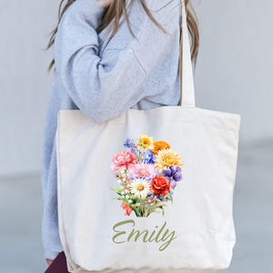 Bachelorette Brautjungferngeschenke, Kundenspezifische Geburtsmonat-Blumen-Einkaufstasche für Frau, Mädchen-Geburtstags-Mamma-Geschenke, personalisierte Segeltuch-Einkaufstasche für Sie