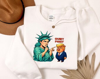 Quiet Piggy Liberty Edition Graphic T-Shirt - Unisex Gray Tee with Bold Statue of Liberty & Pig Design, Quiet Piggy Liberty Sweatshirt