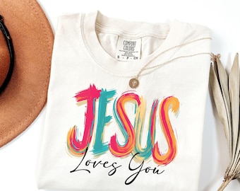 Christliches Neon Jesus liebt Sie T-Shirt - mutiges, lebendiges Glaubens-Grafik-T-Shirt, inspirierendes christliches Shirt, Kirchengruppenkleidung für Gläubige