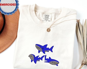 Embroidered Shark Comfort Colors® T-Shirt, Cute Ocean Animal Tee, Whale Shark, Hammerhead, and Great White Shirt, Marine Life Gift Idea