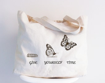 Borsa Tote positiva, borsa tote ispiratrice, regali per donne forti, borsa da mercato motivazionale, borsa tote a farfalla, borsa per donne positive, borsa per la salute mentale