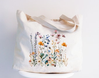 Wildflower Tote Bag, Floral Botanical Tote, Mothers Day Gift, Flower Shoulder Bag, Vintage Flower Bag, Bridal Floral Bag, Birthday Gift Bags