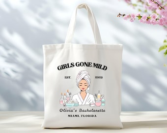 Custom Girls Gone Mild Bachelorette Tote Bag, Spa Day Bachelorette Gifts, Chill Bachelorette Totes, Sleepover Gift Bags, Pjs and Prosecco