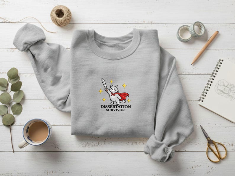 May include: A light gray sweatshirt featuring an embroidered cartoon cat wearing a red cape and holding a sword. The text "DISSERTATION SURVIVOR" is below the cat. The sweatshirt is on a white wooden surface with other stationery items.
