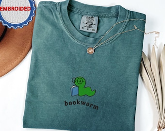 Bookworm Embroidered Comfort Colors® Tee, Cute Shirt for Readers, Book Lover Gift, Bookish Shirt, Aesthetic Bookworm T-Shirt, Reading Shirt