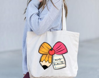 Custom Teacher Tote Bag, Teacher Coquette Bow Bag, Teacher Gift Bag, Personalized Teacher Tote Bag, Teacher Name Gift Bag, Teacher Tote Bag