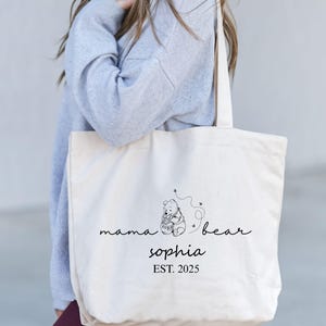 Custom Mama Bear Tote Bag, Winnie The Pooh Tote Bag, Personalized Gift for Moms, Book Bag, Pooh Tote Bag, Cute Pooh Bag, Birthday mom Bag