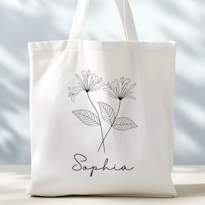 Geburtsmonat Blume personalisierte Tragetasche, Bachelorette Brautjungfer Geschenke, Geburtstagsgeschenk für sie, Hochzeitsgeschenk, Geschenk für Mama, Muttertagsgeschenk