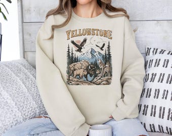 Yellowstone National Park Vintage 90s Stlye Sweatshirt, Wildlife Graphic Tee with Bison Wolves Eagles, 90s Hiking Nature Shirt