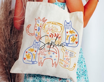 Custom Cat Tote Bag, Whimsical Cat Lover Gift, Funny Cat Book Tote, Cats Floral Reusable Bag, Cat Gifts for Women,Cats & Plants Shopping Bag
