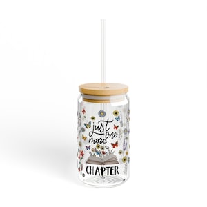 Just One More Chapter 15oz Glass Tumbler With Handle Lid and Straw, Book Lover Gift, Floral Butterfly Reader Gift, Book Club Gift for Her
