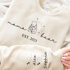 Custom Mama Bear Hoodie and Sweatshirt, Mother Day Gift, Winnie the Pooh Mothers Days Gift, Mama Est with Kid Name on Sleeve Classic Shirt