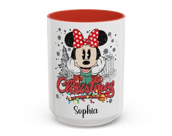 Mug de Noël Minnie Mouse, Cadeau de Noël, Cadeau de vacances pour enfants, Tasse à café avec nom personnalisé, Décoration de fête, Mug Winter Cheer