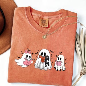 Halloween Black Cat & Ghost Comfort Colors Shirt, Halloween Ghost Tshirt, Spooky Season Cat Tee, Halloween Cute Women Outfit, Halloween Gift