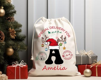 May include: Cream-colored Christmas gift bag with the text "SPECIAL DELIVERY FOR" and the name "Amelia". The bag features a Santa hat, reindeer antlers, and festive ornaments. Includes a drawstring closure.