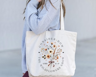 Bolsa de compras "Considere como as flores silvestres crescem", Bolsa de compras "Flores silvestres", Bolsa de compras cristã, Bolsa de flores, Presentes cristãos, Bolsa de compras "Bíblia", Bolsa de compras "Flores"
