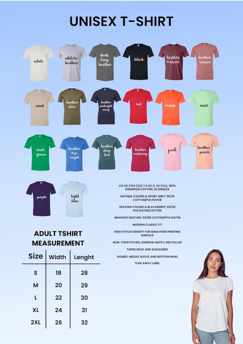 Pu&ograve; includere: Esposizione di varie t-shirt unisex in diversi colori, tra cui bianco, nero e rosso. L'immagine include una tabella delle taglie con misure in cm e dettagli sul tessuto e la costruzione delle magliette.