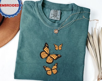 Butterfly Comfort Colors® Tee, Embroidered Butterfly Shirt, Minimalist Shirt, Embroidered Tee, Embroidered Shirt, Custom Shirt, Retro Shirt