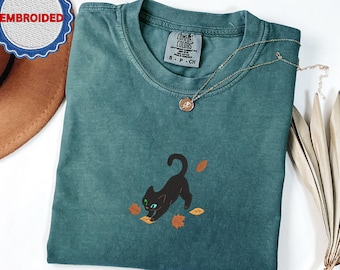 Black Cats and Fall Leaves Tee, Embroidered Autumn Cat Shirt, Comfort Colors 1717, Cute Fall T-Shirt, Cozy Cat Lover Gift, Autumn Aesthetic