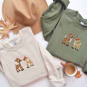 Christmas Embroidered Sweatshirt: Retro Reindeer Design, Rudolph The Red Nose Reindeer and Clarice, Fall Embroidered Sweatshirt.