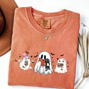 Halloween Black Cat & Ghost Comfort Colors Shirt, Halloween Ghost Tshirt, Spooky Season Cat Tee, Halloween Cute Women Outfit, Halloween Gift