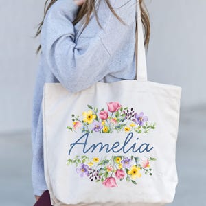 Personalized Floral Tote Bag, Custom Birthday Gift Bags, Customized Wildflower Tote, Bridal Gift Tote Bag, Aesthetic Tote Bag, Flowers Totes